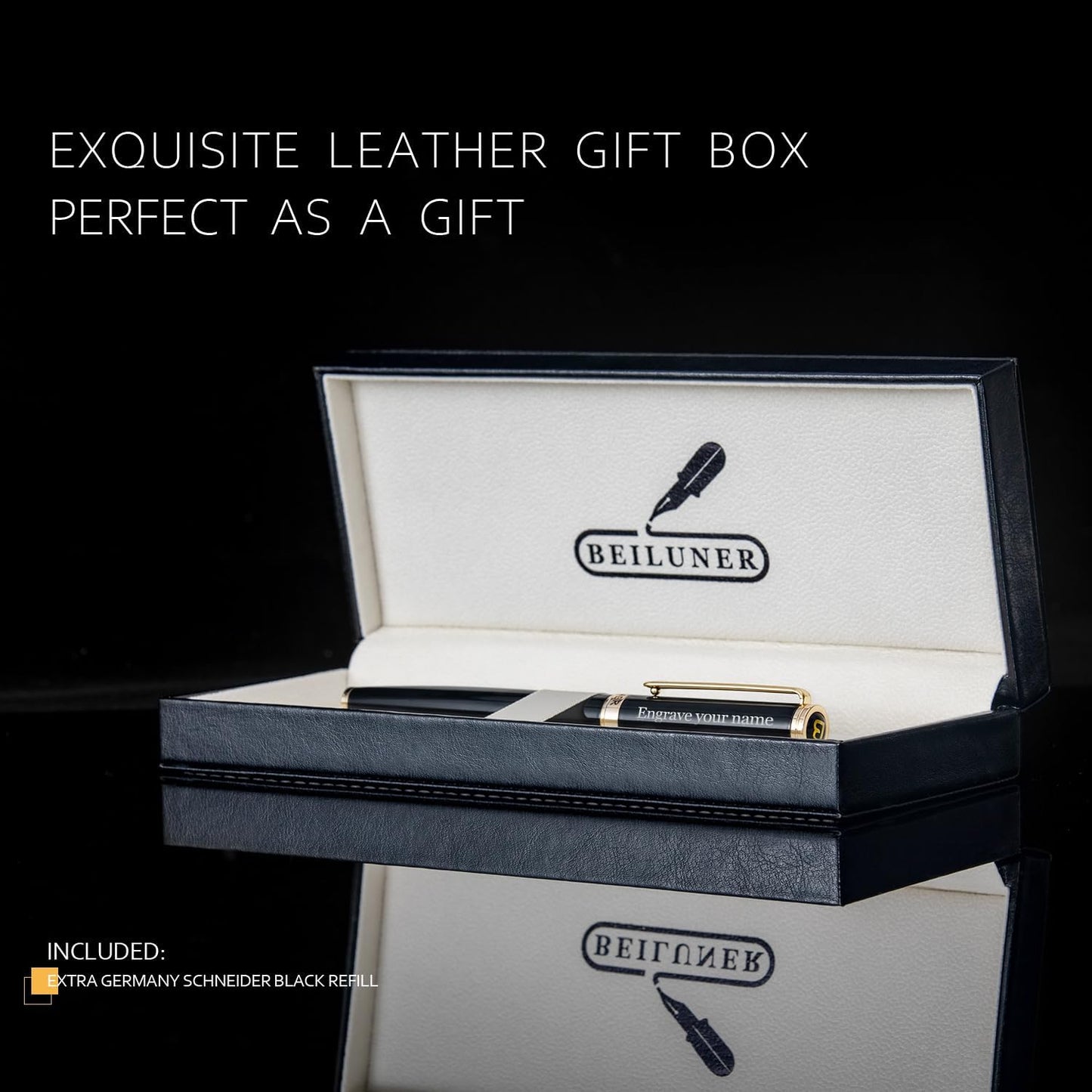 BEILUNER Black Personalized Pen,Stunning Luxury Lacquer With 24K Gold,Schneider Ink Refills,Multiple Fonts To Custom Rollerball,Gift Pen For Men & Women,Executive,Graduation,Christmas,Nice Pens