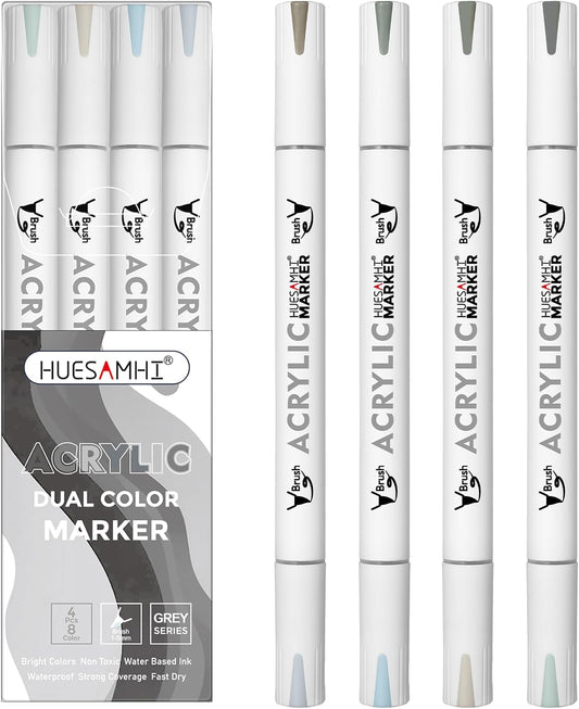 Dual Tip Brush Markers, 4 Pack Double Ended Acrylic Paint Pens - Permanent Water-Based for Rock Painting, Wood, Metal, Ceramic, Glass, Crafts & Kids Art Assorted Colors
