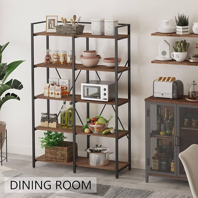 BON AUGURE Industrial Bookshelf, Bookcases and Bookshelves Etagere, Tall Large Farmhouse Book Shelves, 5 Tier Open Bookcase, Wood Metal Shelving Unit for Bedroom, Office (Rustic Oak)