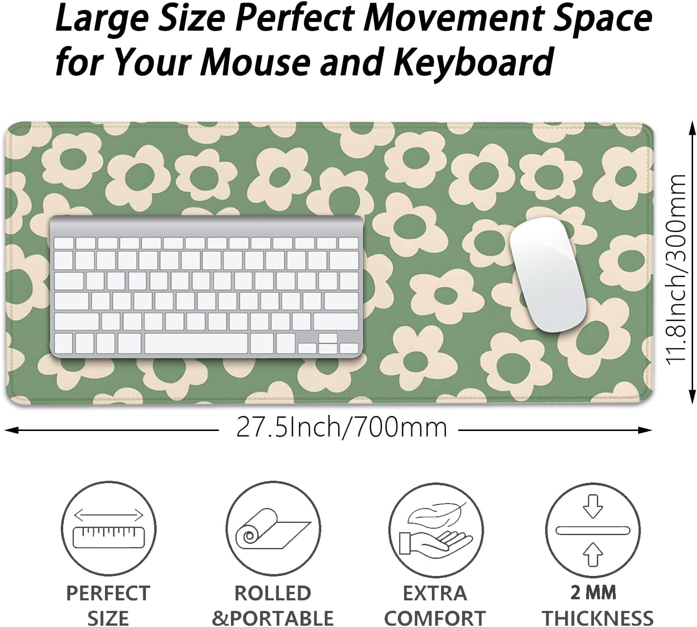 Green Daisy Flowers Desk Pad Mouse Pad,Large Daisies Floral Mouse Mat with Stitched Edges,Non-Slip Rubber Base Mousepad for Office PC Keyboard Laptop and Home Work Desk Mat(27.5X11.8 in)