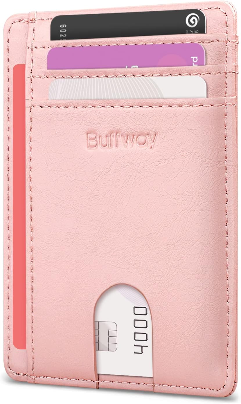 Buffway Slim Minimalist Front Pocket RFID Blocking Leather Wallets for Men and Women - Alaska Pink