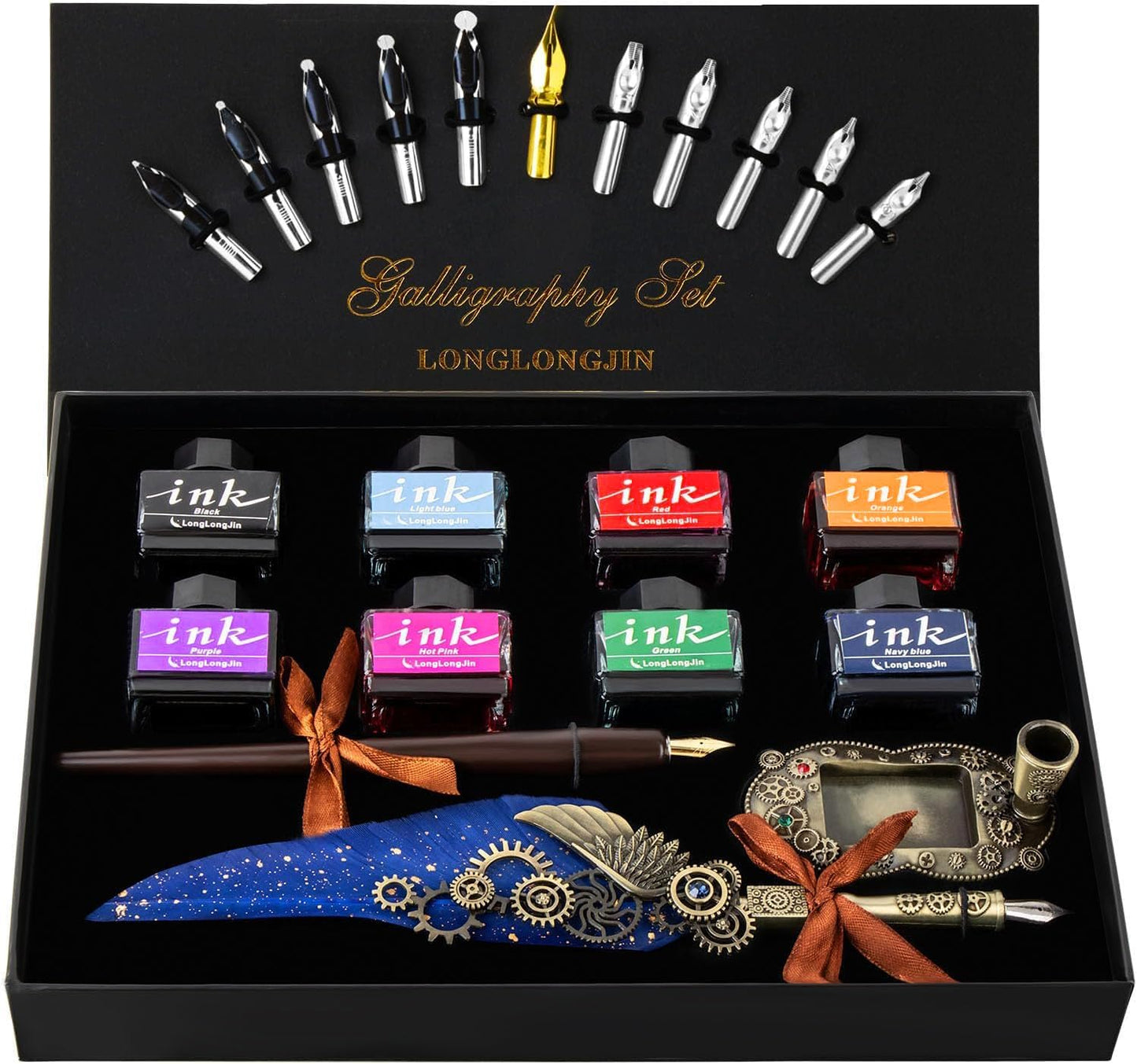 Calligraphy Pens and Ink Set - Calligraphy Kits for Beginners,Quill Pen Includes Dip Pen,8*Colors Ink,11*Calligraphy Pen Nibs（Blue）