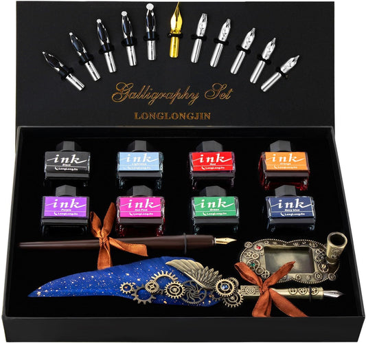 Calligraphy Pens and Ink Set - Calligraphy Kits for Beginners,Quill Pen Includes Dip Pen,8*Colors Ink,11*Calligraphy Pen Nibs（Blue）