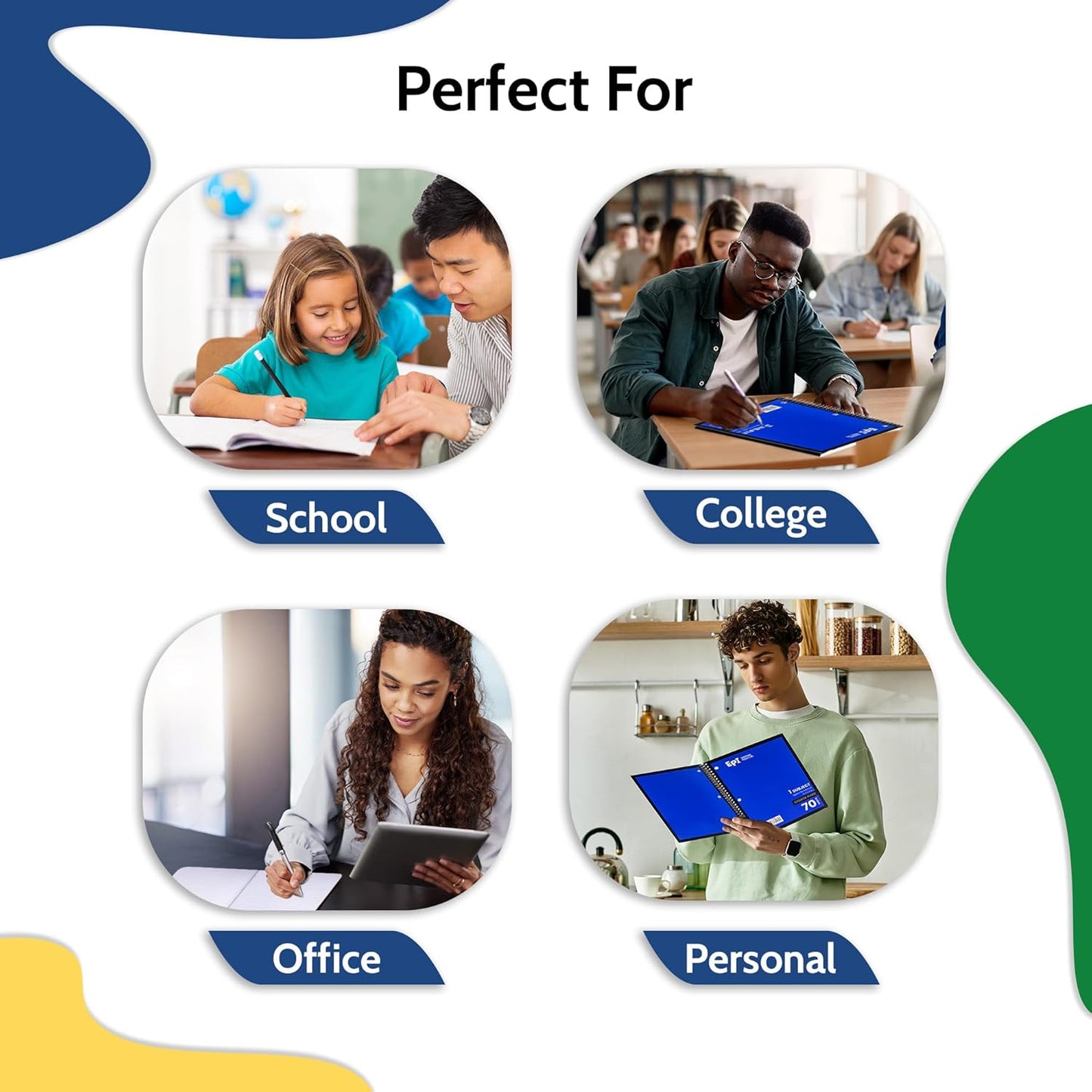 EPI Spiral Notebook | Wide - 70 Sheets, Durable Spiral Binding | 10.5 x 8 in | Classroom Supplies | School, Office, Note Taking, Journaling - 6 Pack