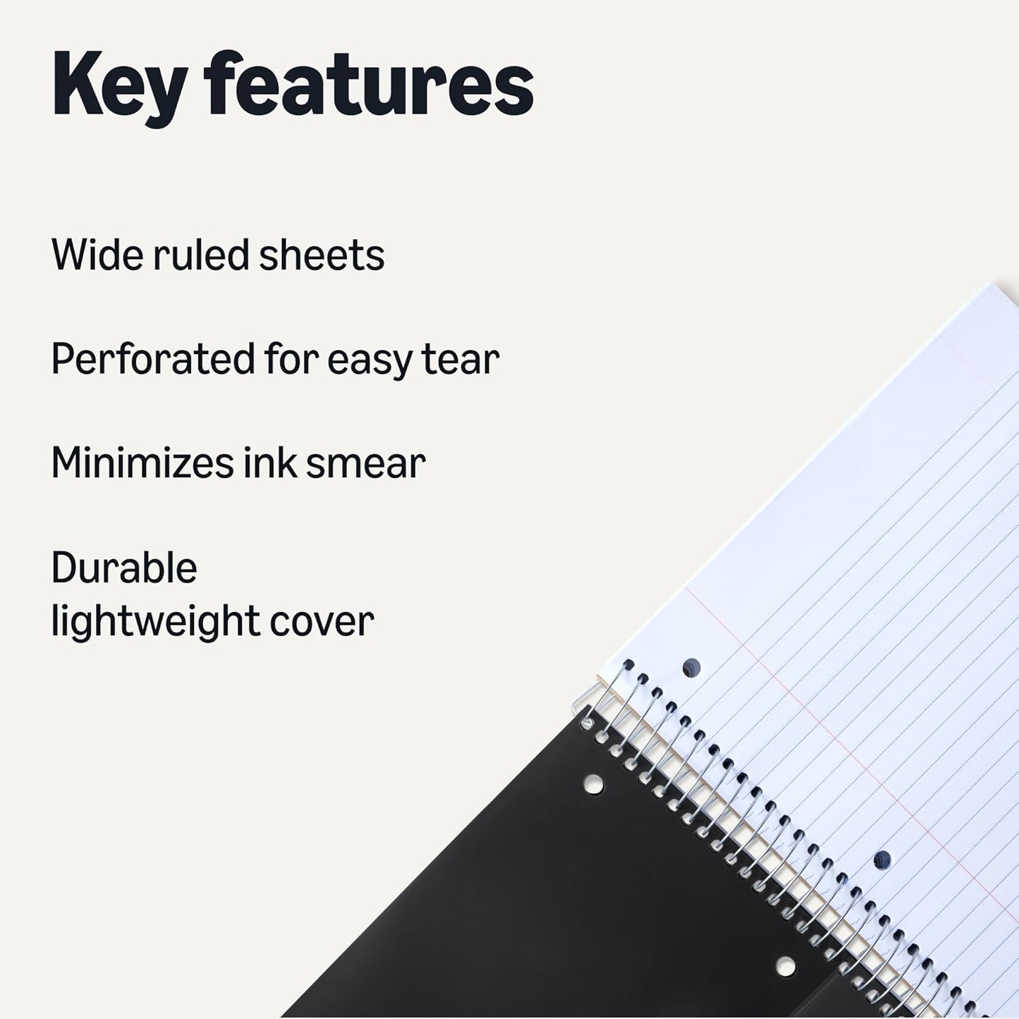 Amazon Basics 5 Subject Wide Ruled Spiral Notebook, Poly Cover, 200 Sheets, 8.5" x 10-1/2", Black, 1 pack