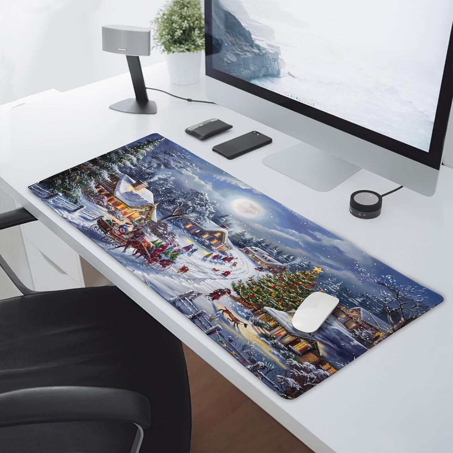 Christmas Gaming Mouse Pad XXL Xmas Tree Deer Snowflake Extended Winter Holiday Large Mat Mousepad Desk Pad Non-Slip Rubber Base Stitched Edge Keyboard Pad Playmat for Computer,35.4×15.7 Inch