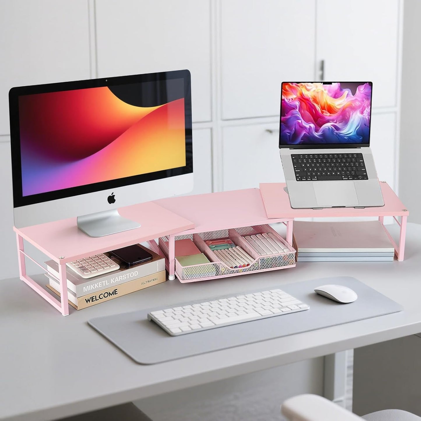 Dual Monitor Stand Riser, Desk Organizer with Drawer, Office Desk Organizers and Accessories, Office Workspace Organization Computer Monitor Stand for Laptop, Printer, TV（Pink）