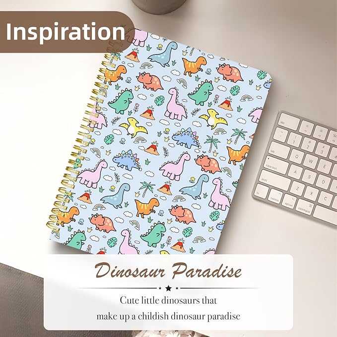 Cute Spiral Notebook journal B5 Aesthetic Pretty Design for Women Girls Kawaii with Pocket, 10 x 7.2 inch, Lined, Little Dino