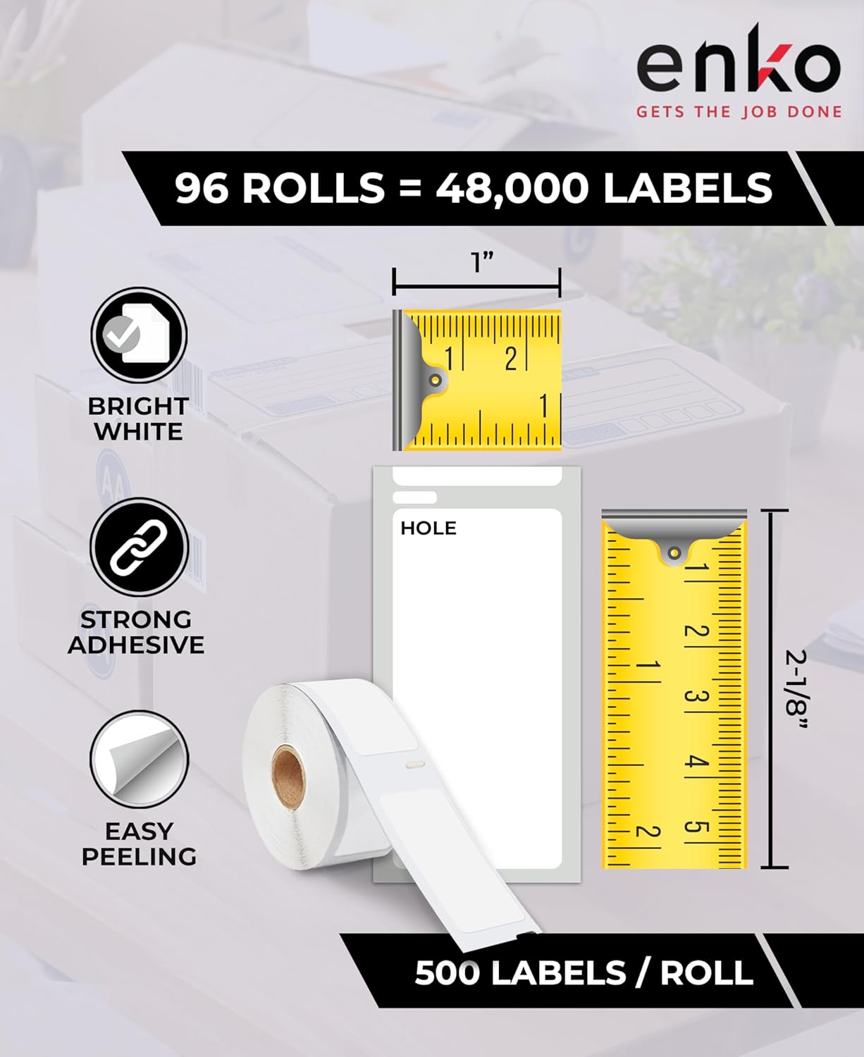 enKo Compatible for Dymo 30336 Labels (1 x 2-1/8 inches) - 96 Rolls, 48,000 Labels for Dymo LabelWriter 450 Turbo Printer and 4XL - Direct Thermal Address, Shipping and Barcode Label
