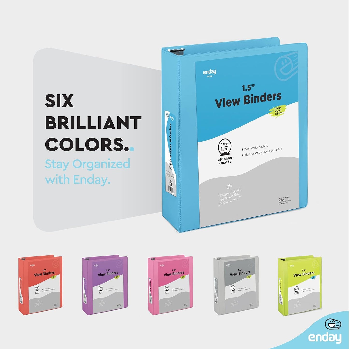 3 Ring Binder Blue, 1.5 Inch Clear View Cover with 2 Inside Pockets Binder, Colored School Supplies 1 ½ Inch Round Ring Binders, Also Available in Red, Pink, Purple, Green, and Grey (6 PC) – by Enday