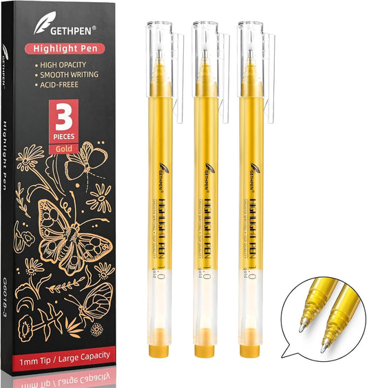 Gold Gel Pens, 1.0 mm Extra Fine Point Gel Ink Pens, Opaque Gold Archival Ink Pens for Black Paper Drawing, Sketching, Card Making, White Gel Pen for Artists Drawing, 3 Pack