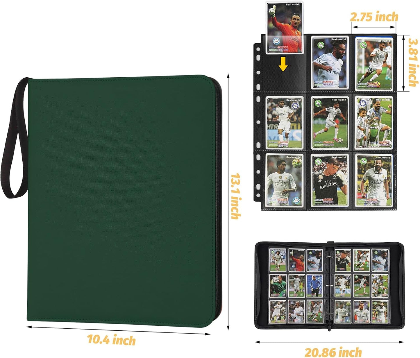 9 Pocket Card Binder, Premium Zip Trading Card Binder, 720 Double Sided Pocket PU Card Collection Binder, Collector Card Album, Card Folder for MTG, TCG, Sports Cards, Game Cards (DARK GREEN)