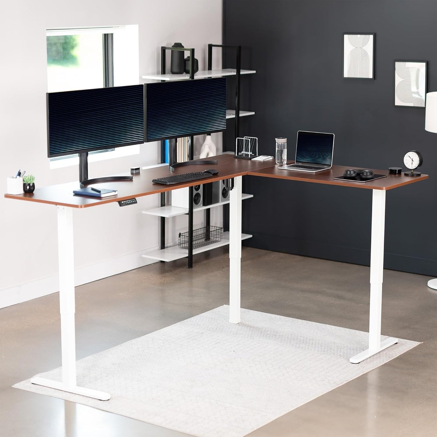 VIVO Electric Corner L-Shaped 84 x 63 in Standing Desk, Memory Height Adjustment, Dark Walnut Top White Frame, DESK-E3CTWD-84