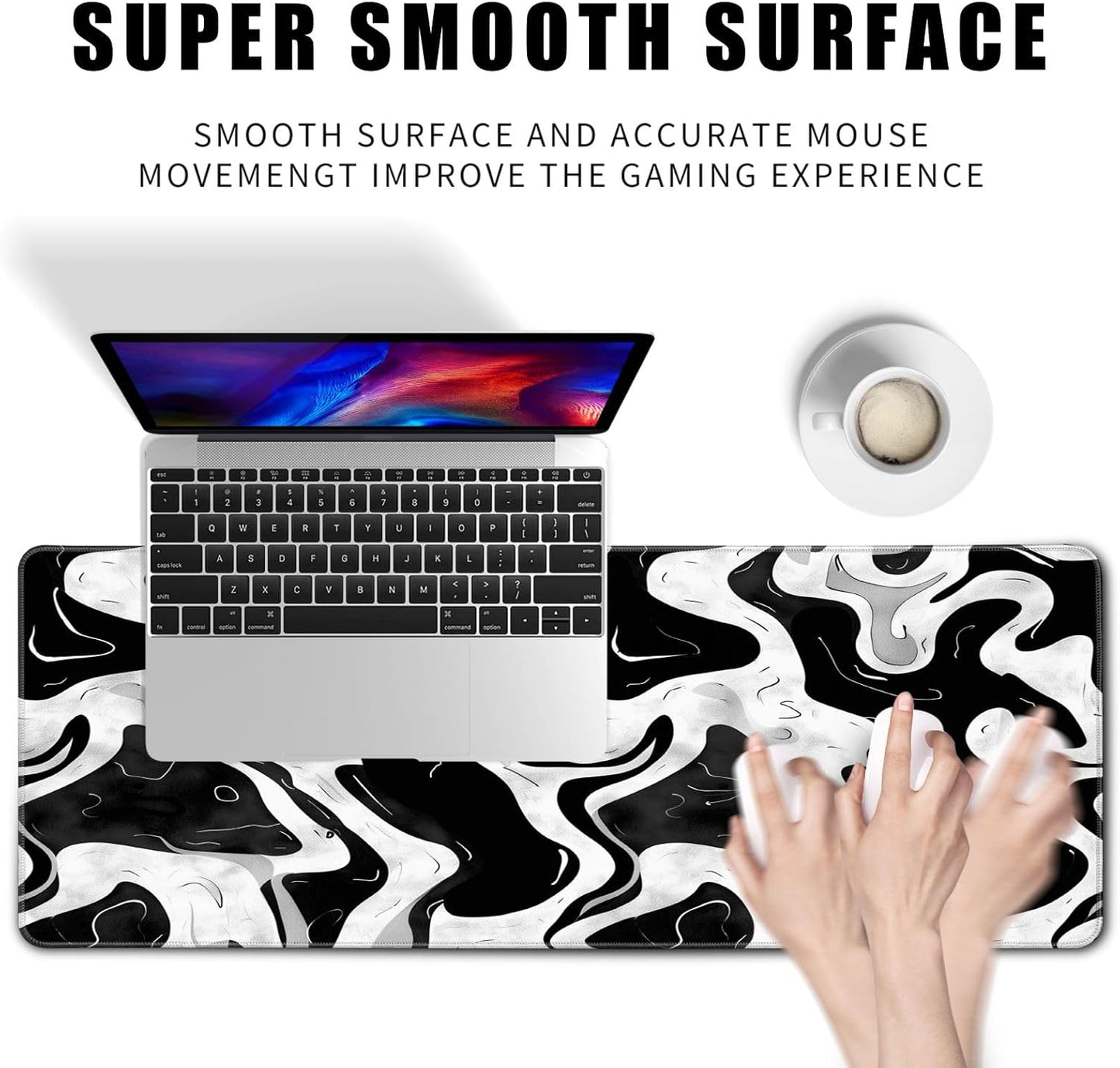 Black and White Desk Mat Mouse Pad XL Big Mousepad Gaming Large Mouse Pad Desk Pad with Stitched Edges Non-Slip Large Computer Mat, 31.5x11.8 in-Flowing Liquid Metal