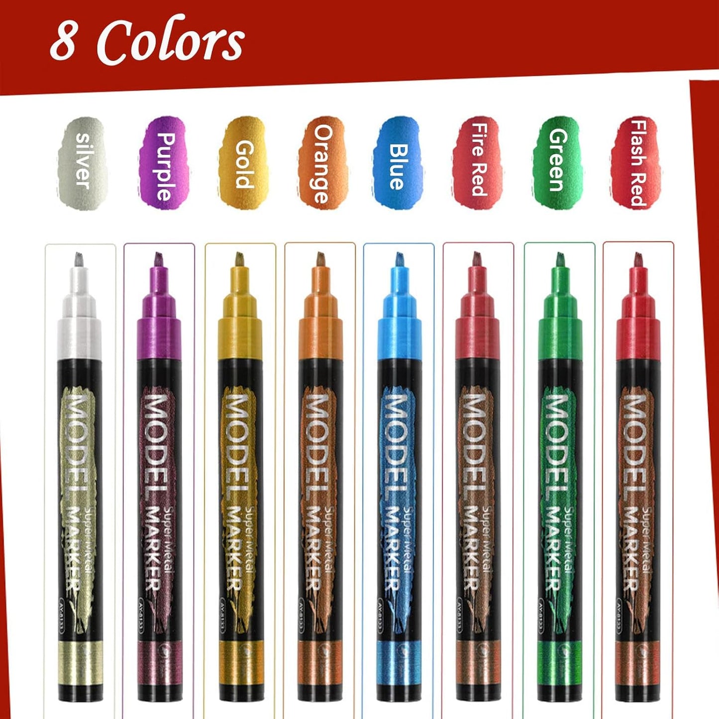 8-Color Glitter & Metallic Shimmer Acrylic Paint Markers - Chisel Tip 1-5mm, Permanent Super Golden Metallic Markers for Repairing, Model Painting, DIY Art Projects