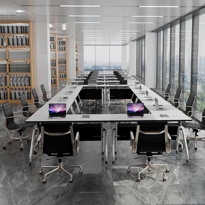 Conference Table, Folding Conference Room Tables, Mobile Training Tables with Silent Wheels, Large Rectangular Modular Seminar Table Office Computer Desks for Classroom White (10Pack L47.2in)