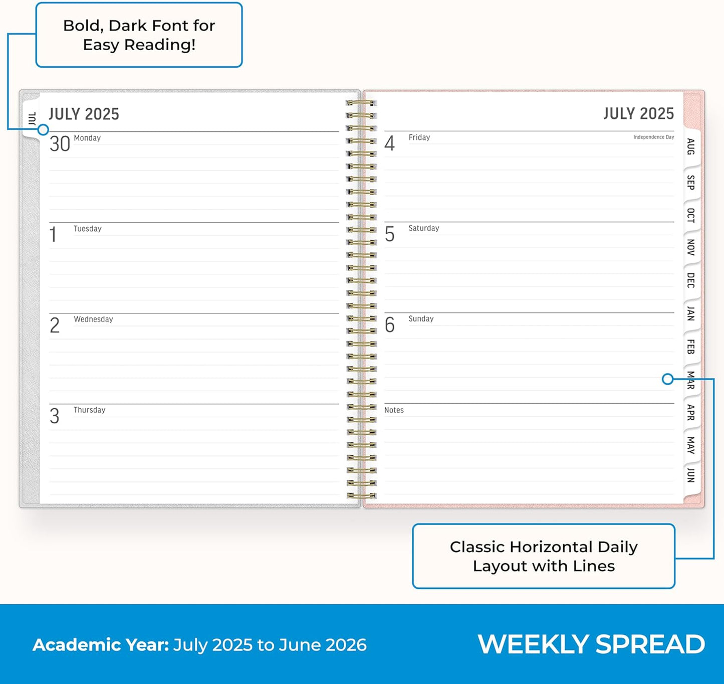 Blue Sky 2025-2026 Large Print Weekly and Monthly Academic Year Planner Calendar, July 2025 - June 2026, 8.5" x 11", Flexible Cover, Wirebound, Storage Pocket, Laminated Tabs, Charlotte