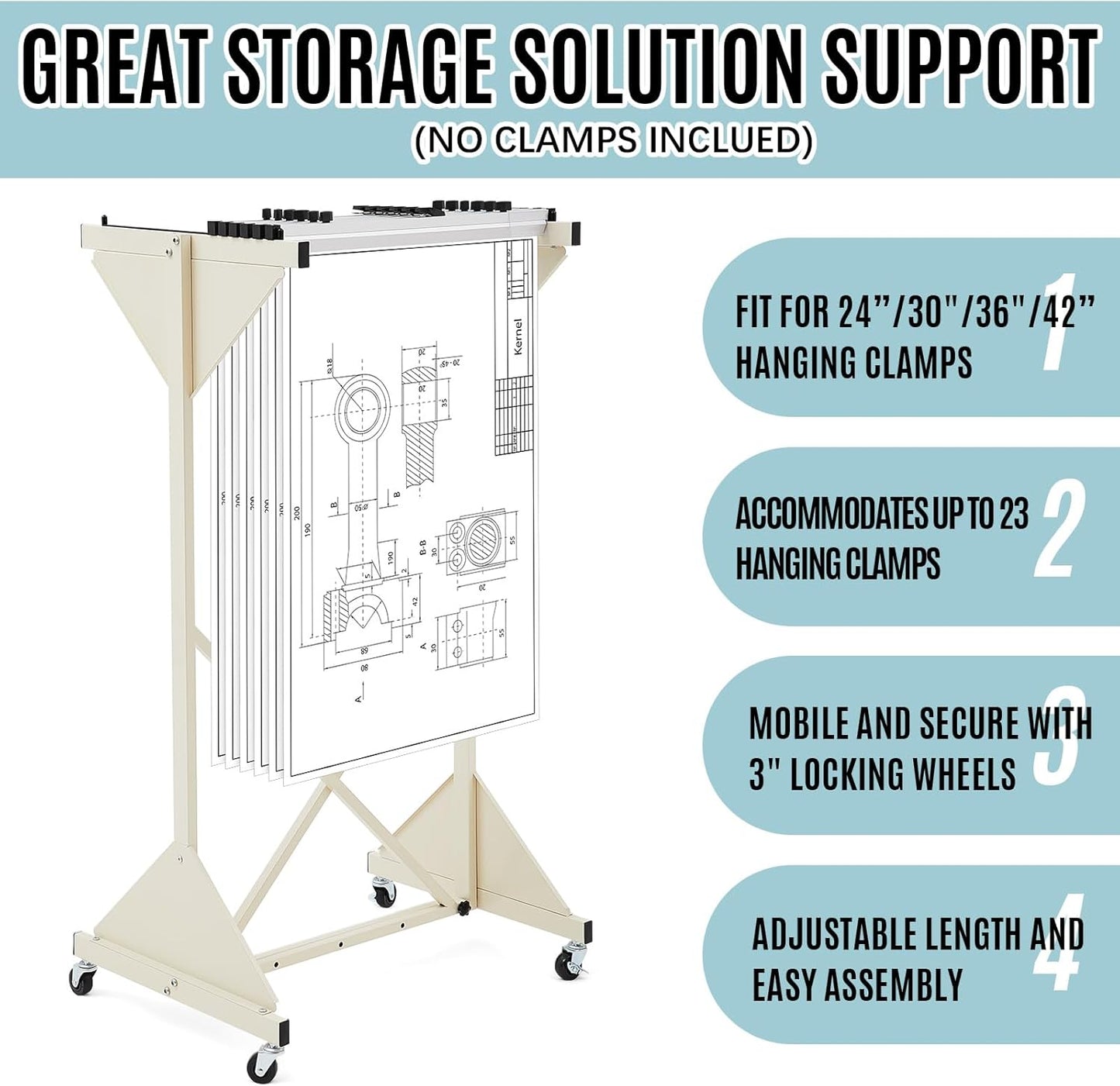 Estune Mobile Blueprint Holder Rack Adjustable Mobile Blueprint Holder with 4 Wheels Fits 23 Clamps 24" - 42" Hanging Clamps Poster Display Storage Organizer Stand for File Display Plan Office Home