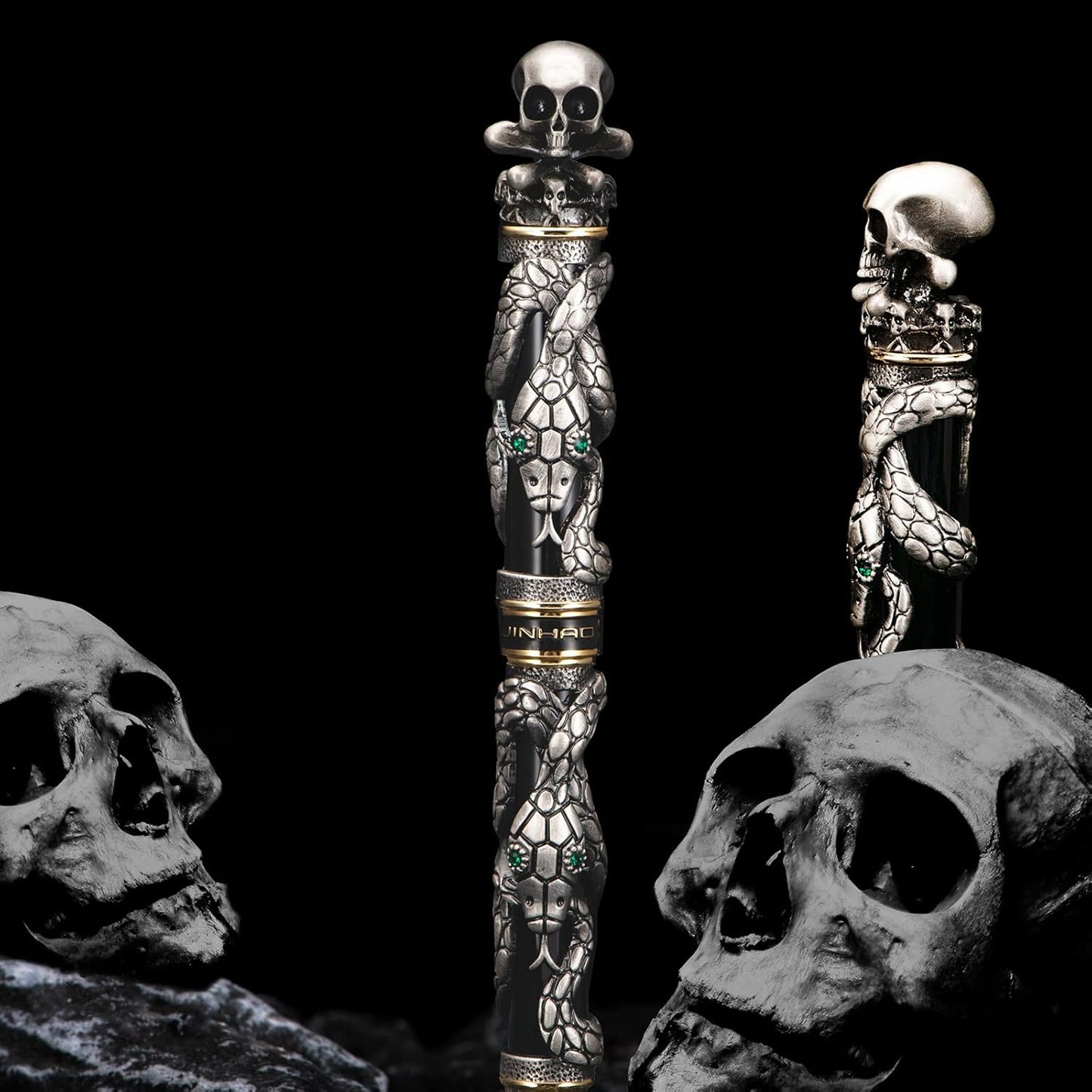 Jinhao Black Snake Fountain Pen Fine Nib with Skull Head Solid Metal