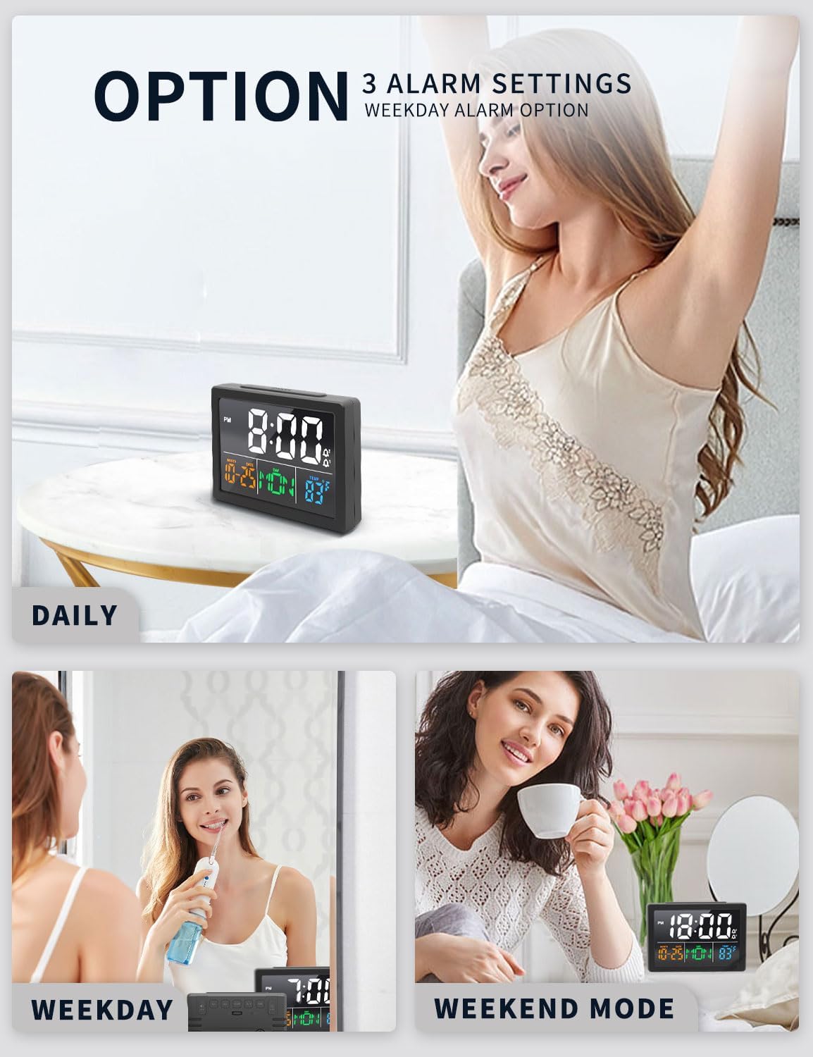 Digital Alarm Clock, with 5.5" Large LED Time Display, Adjustable Alarm Volume, 6 Level Brightness, Alarm Settings, USB Charger, Temperature Detect, Snooze, Clocks for Bedroom, Bedside, Desk, Black