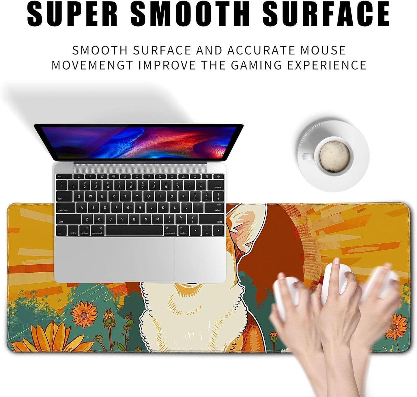 Cute Dog Mouse Desk Pad Kawaii Yellow Desk Mat Desk Decor Large Gaming Mouse Pad For Desk Mousepad Computer Office Keyboard Laptop Big Corgi Mouse Pad Xl(31.5x11.8 In)-With Non-Slip Base Stitched Eges