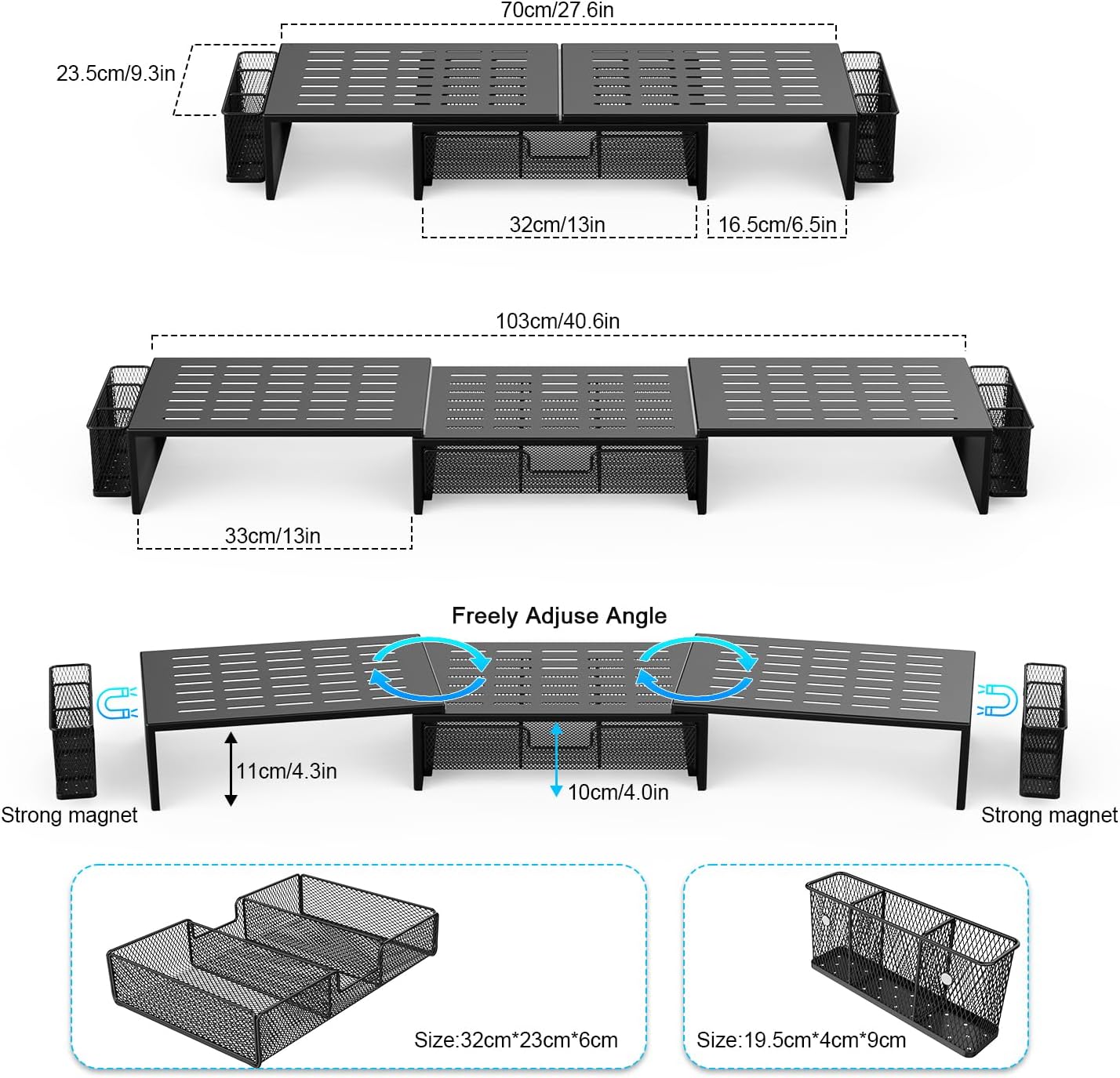 gianotter Computer Dual Monitor Stand Riser For Desk, Desk Organizers And Accessories With Drawer And 2 Pen Holder For Office, Home, School Supplies (Black)