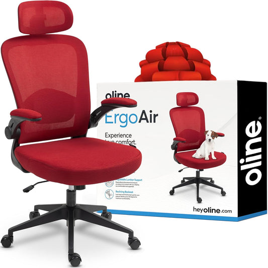 Oline ErgoAir Ergonomic Office Chair – Adjustable Lumbar Support, Flip-Up Armrests, Mesh Computer Desk Chair, Swivel Rolling Executive Gaming Chair for Home & Office (Red)