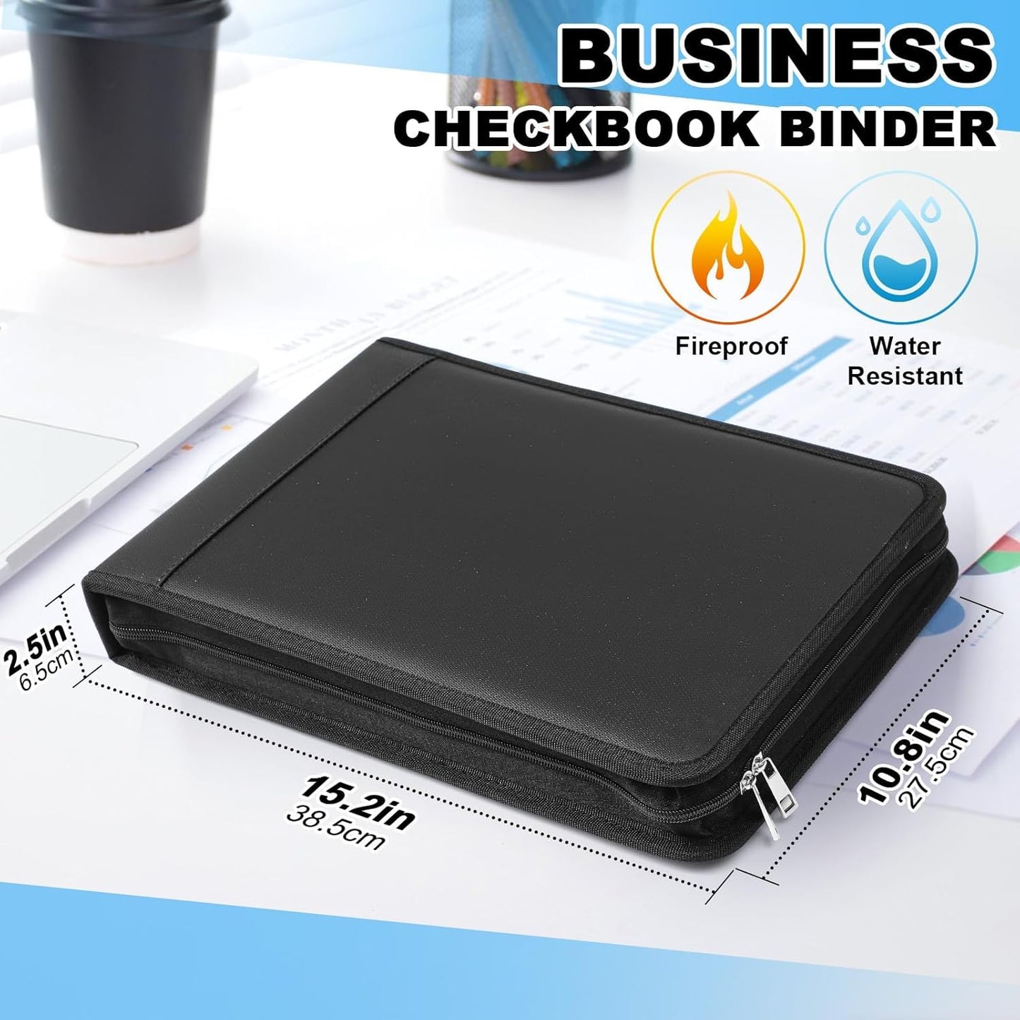 Henoyso 3 Rings Fireproof Business Check Binder with Zipper 1.5 Inch D Rings 3 on a Page Fit 3 & 9 Holes Check 600 Sheets Capacity Organizer Binder for Office Storage End Stub Deskbook(Black)