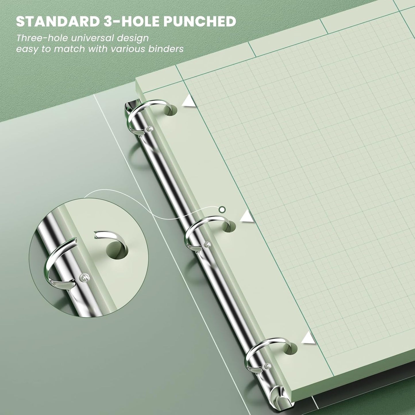 Engineering Paper 8.5 x 11, 3 Pack Engineering Notebook, 5x5 Quad Ruled, 3-Hole Punched Graph Paper, Top Binding Green Engineering Computation Pad 8.5 x 11, 100 Sheets/Pad Engineering Paper Notebook