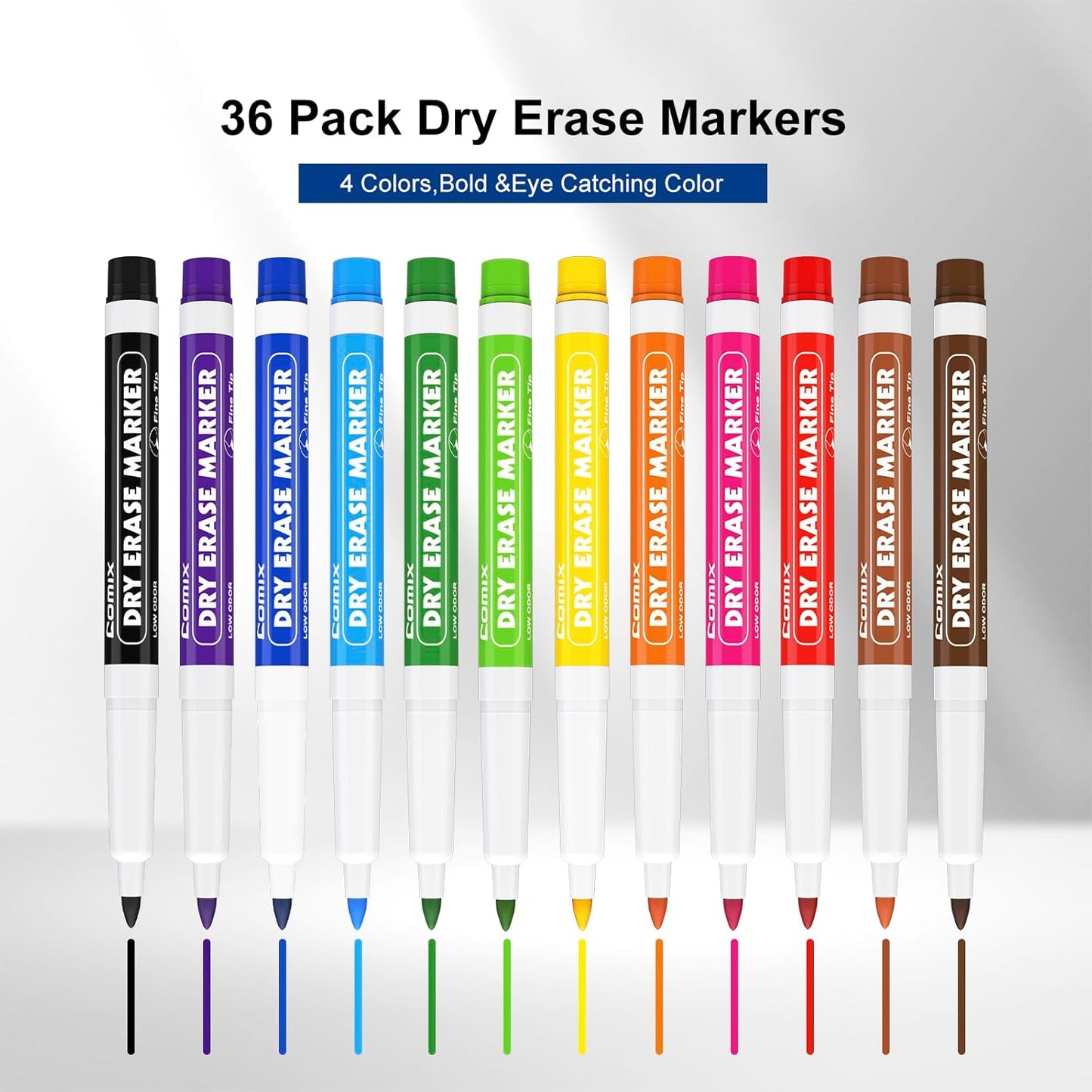 Comix Low Odor Dry Erase Markers, Fine Tip Whiteboard Markers, 36 Bulk 12 Assorted Colors Markers for Kids Teachers Office & School Supplies