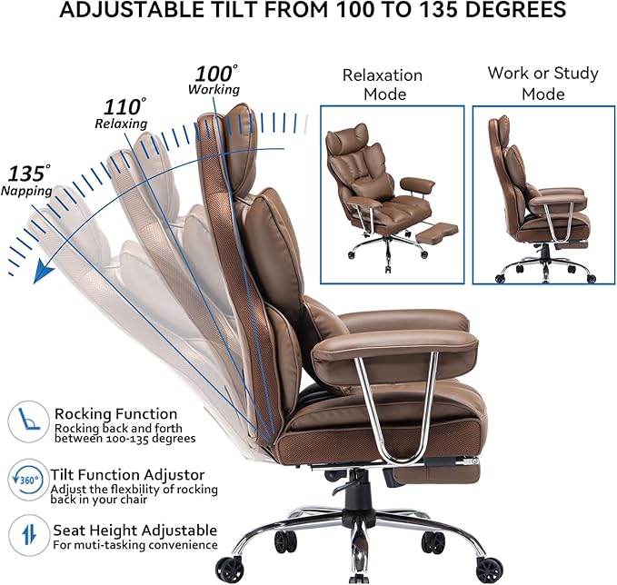Efomao Big and Tall Office Chair 400lbs – High Back PU Leather Executive Chair with Lumbar Support, Footrest, Swivel Base, Padded Armrests, and Rolling Wheels for Home Office, Brown Computer Chair
