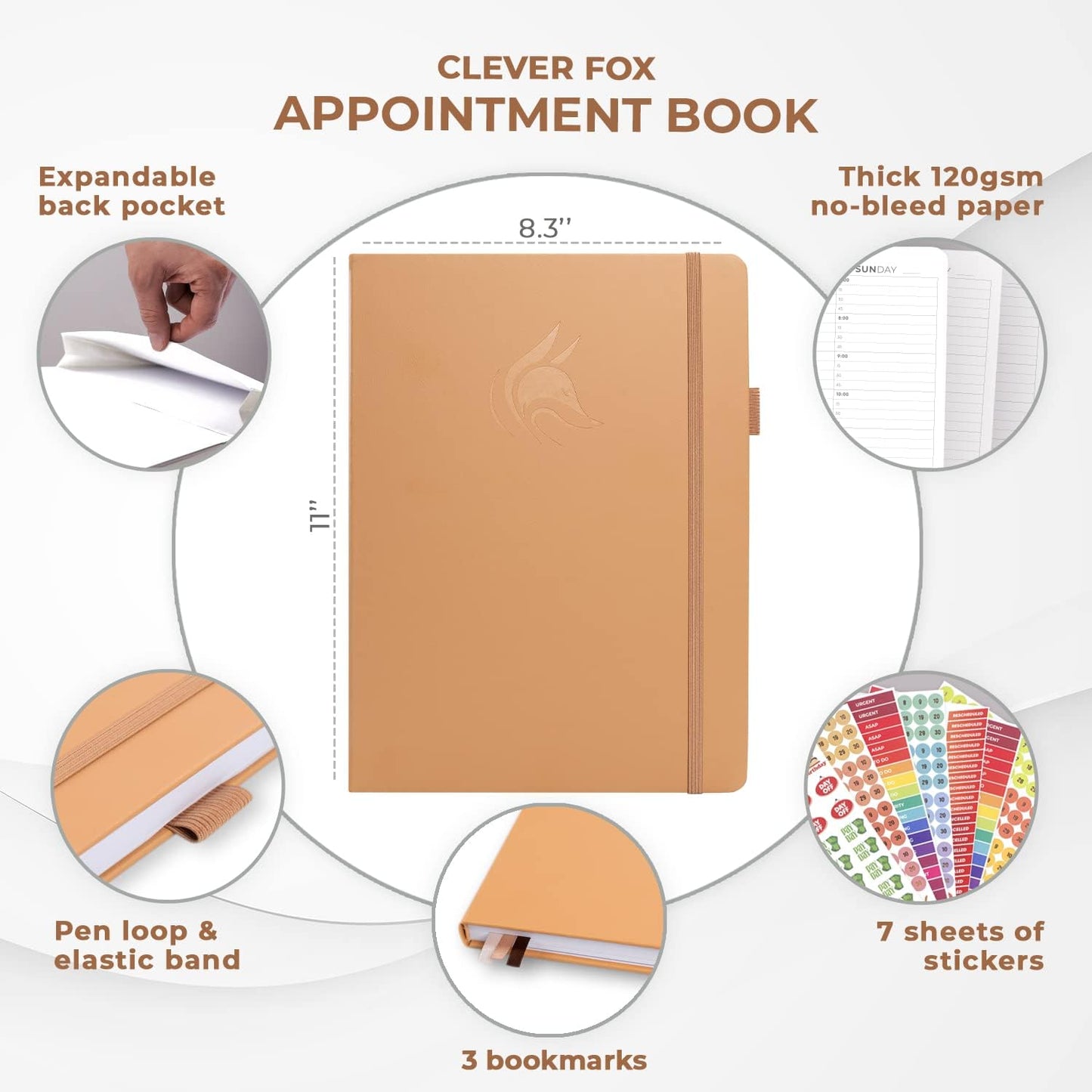 Clever Fox Appointment Book – Hourly Schedule Planner with 15-Minute Increments – Time Box Planner for Daily Work & To-Dos – Weekly & Monthly Spreads, Undated, Hardcover, 8.3x11″ (Sandstone)