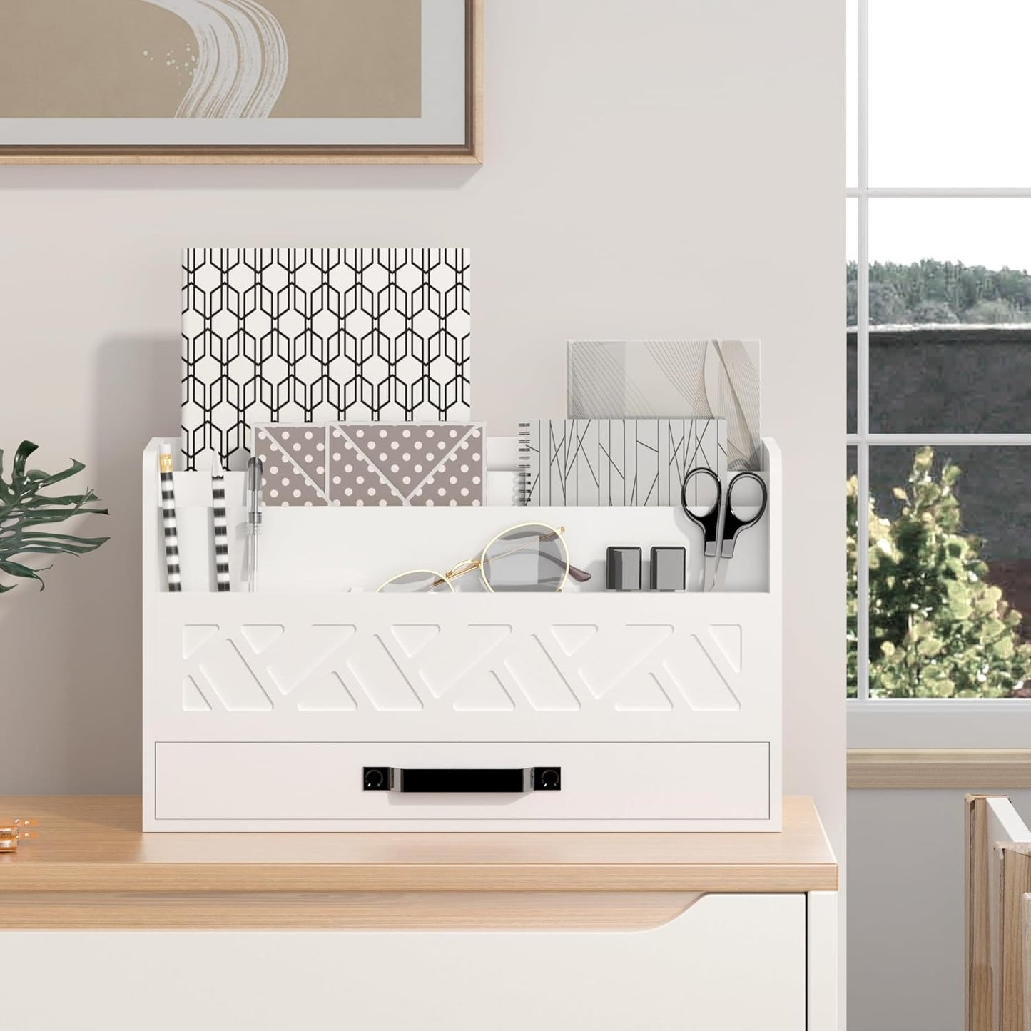 Bamboo Mail Organizer Countertop Wood Desk Organizer Drawer Tabletop Storage Box Letter Sorter Makeup Organizer for School Home Office Supplies White