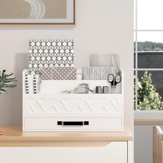 Bamboo Mail Organizer Countertop Wood Desk Organizer Drawer Tabletop Storage Box Letter Sorter Makeup Organizer for School Home Office Supplies White