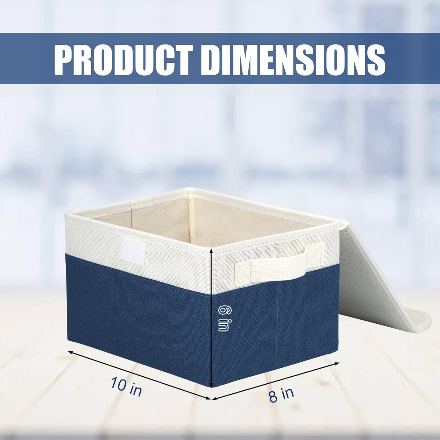 Small 8 Quart Linen Fabric Foldable Storage Bin Cube Organizer Basket with Lid & Handles, Collapsible Decorative Box Container for Home, Dorm, Closet (Navy Blue & White, 10"x8"x6", 6-Pack)