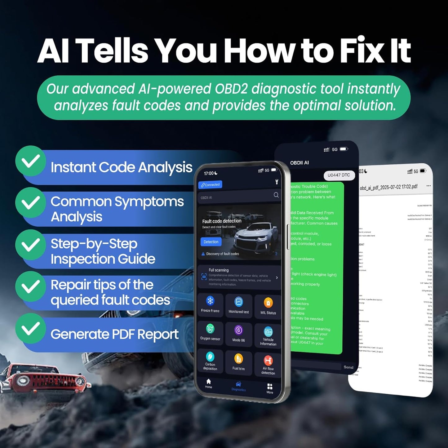 Bluetooth OBD2 Scanner Diagnostic Tool with AI Repair Guides, Wireless OBDII Scan Tool w/Battery Test & Live Data Readiness, Check Engine Light Car Code Reader for iOS & Android w/Free APP