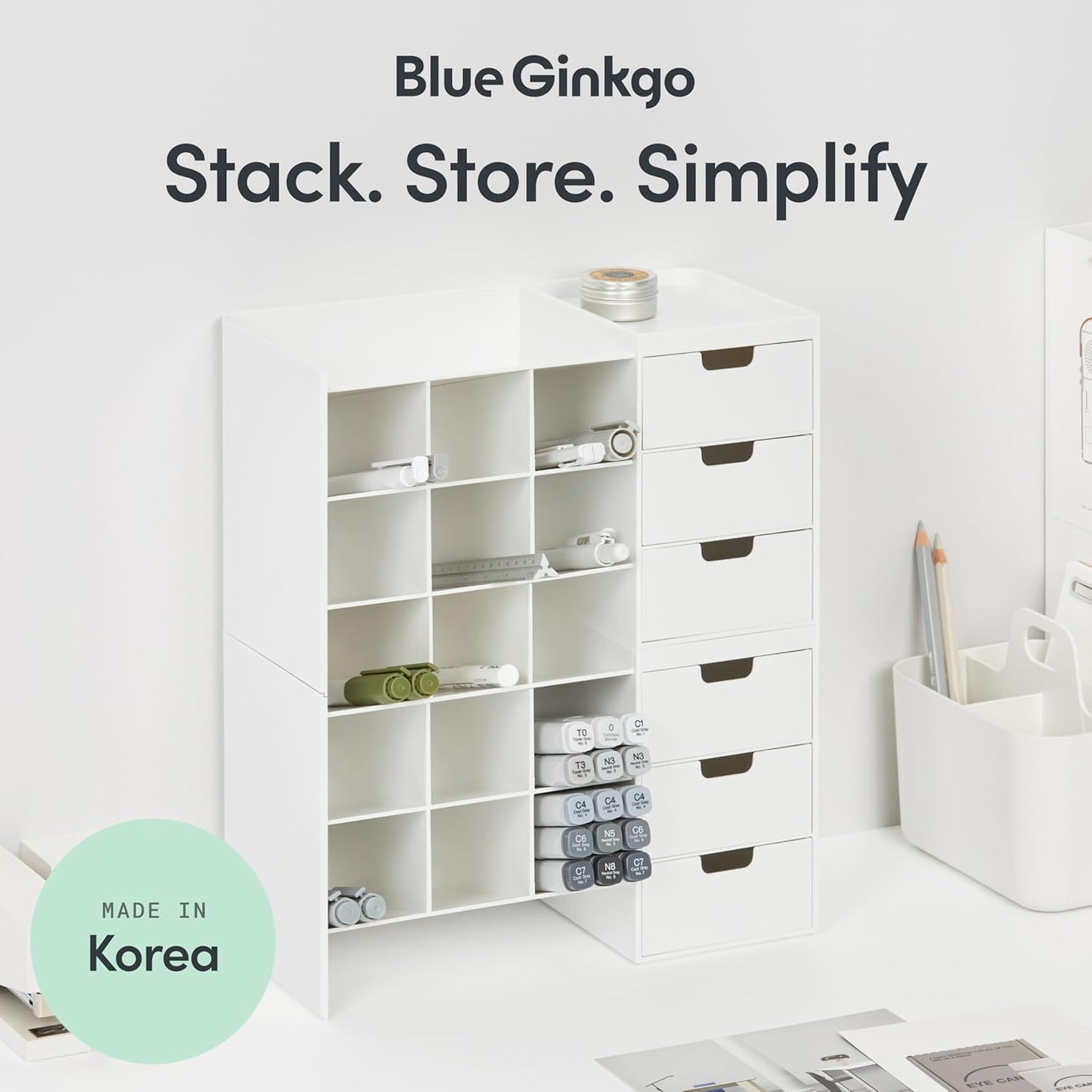Blue Ginkgo Hive Stack Organizer Partition – (Made in Korea, White)