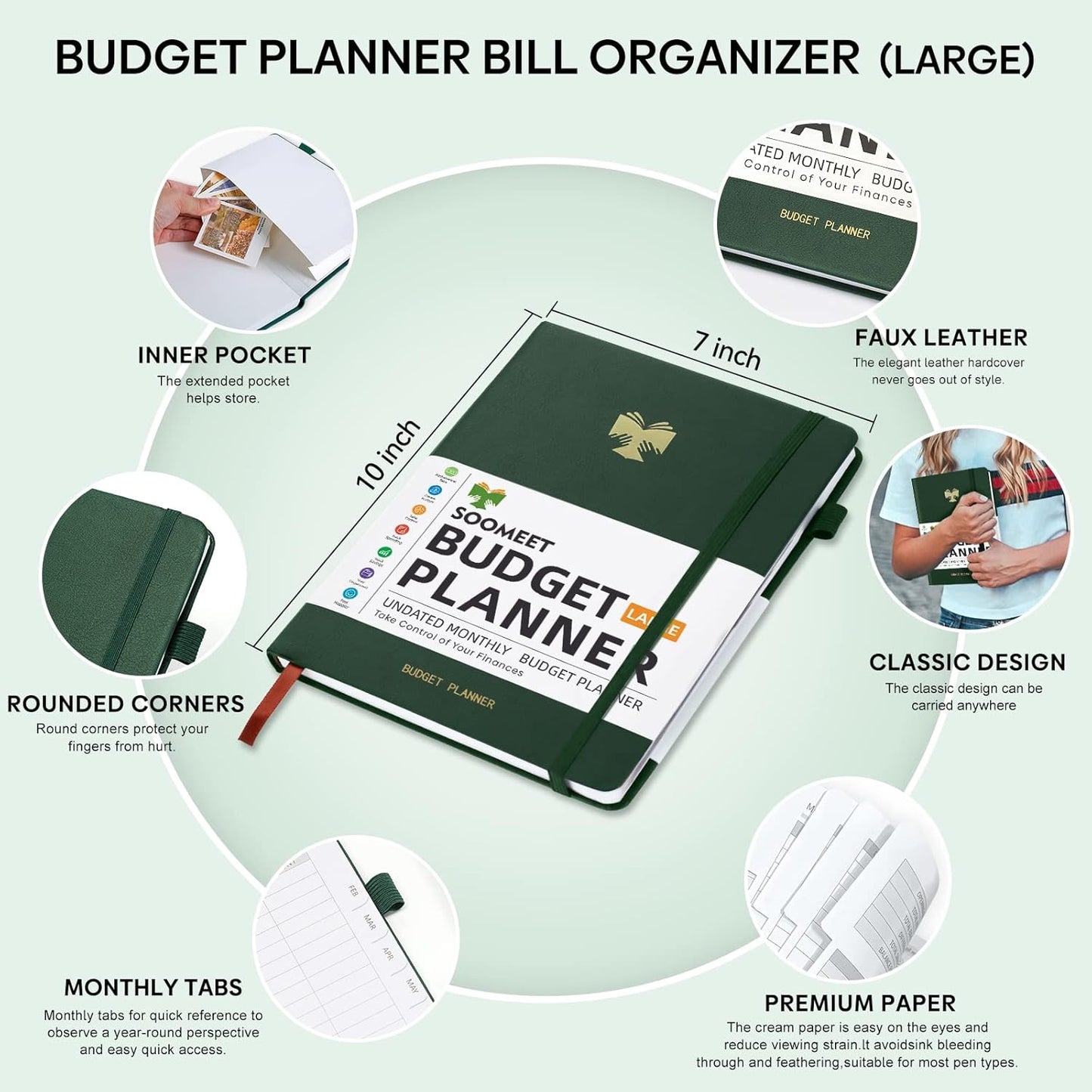 Budget Planner with Monthly Tabs - 7" x 10" Hardcover Budget Book, Monthly Bill Organizer with Pockets, Undated Finance Planner with Expense Tracker Notebook to Take Control Your Money-Dark Green