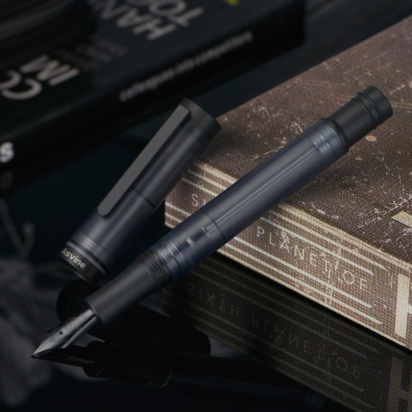 Asvine V200 Titanium Fountain Pen Vacuum Filling, Matte Black Bock Broad Nib Transparent Acrylic Smooth Writing Pen Case Set