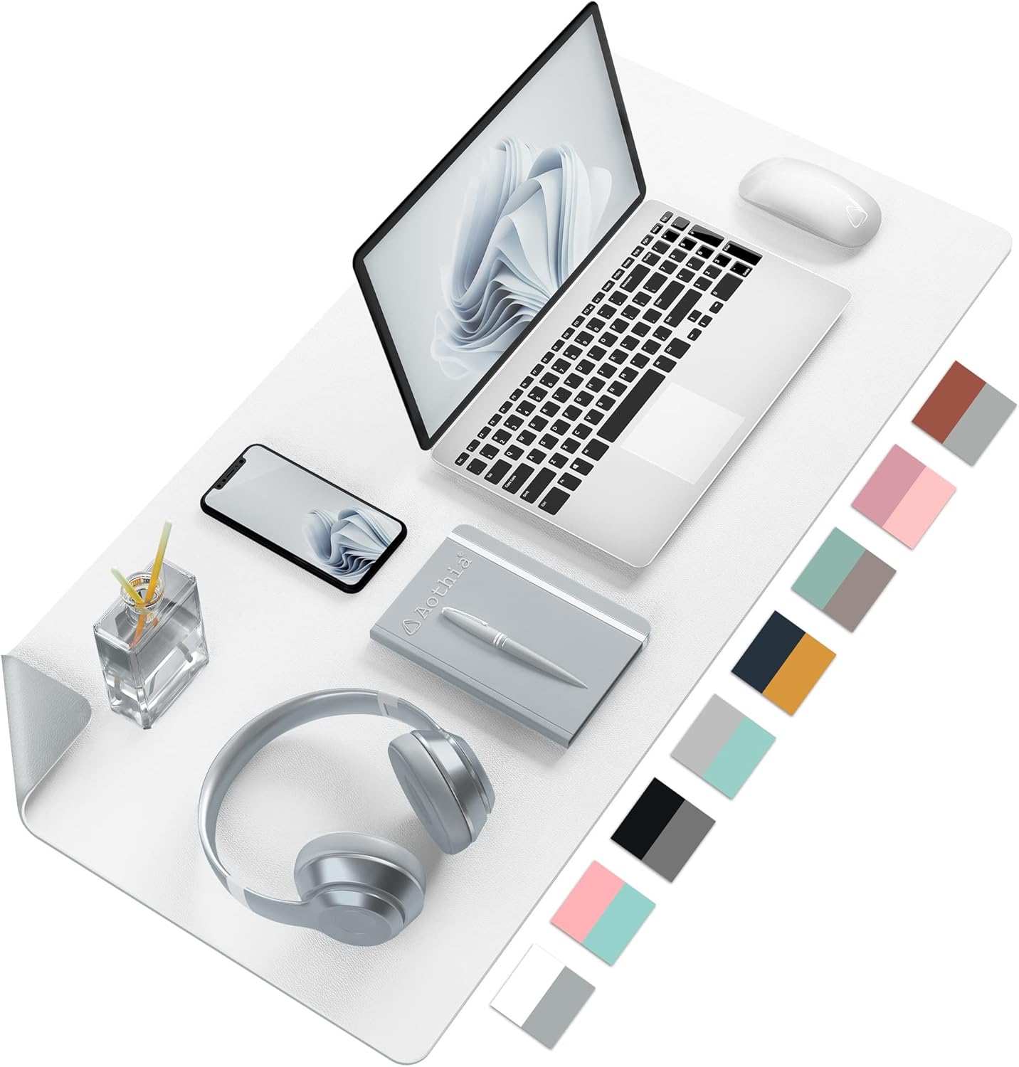 Aothia Double-Sided PU Leather Desk Pad - Non-Slip Large Mouse Pad & Desk Mat for Office, Home - Waterproof, Easy to Clean, Durable Dual-Sided Surface (23.6"x13.7", White)
