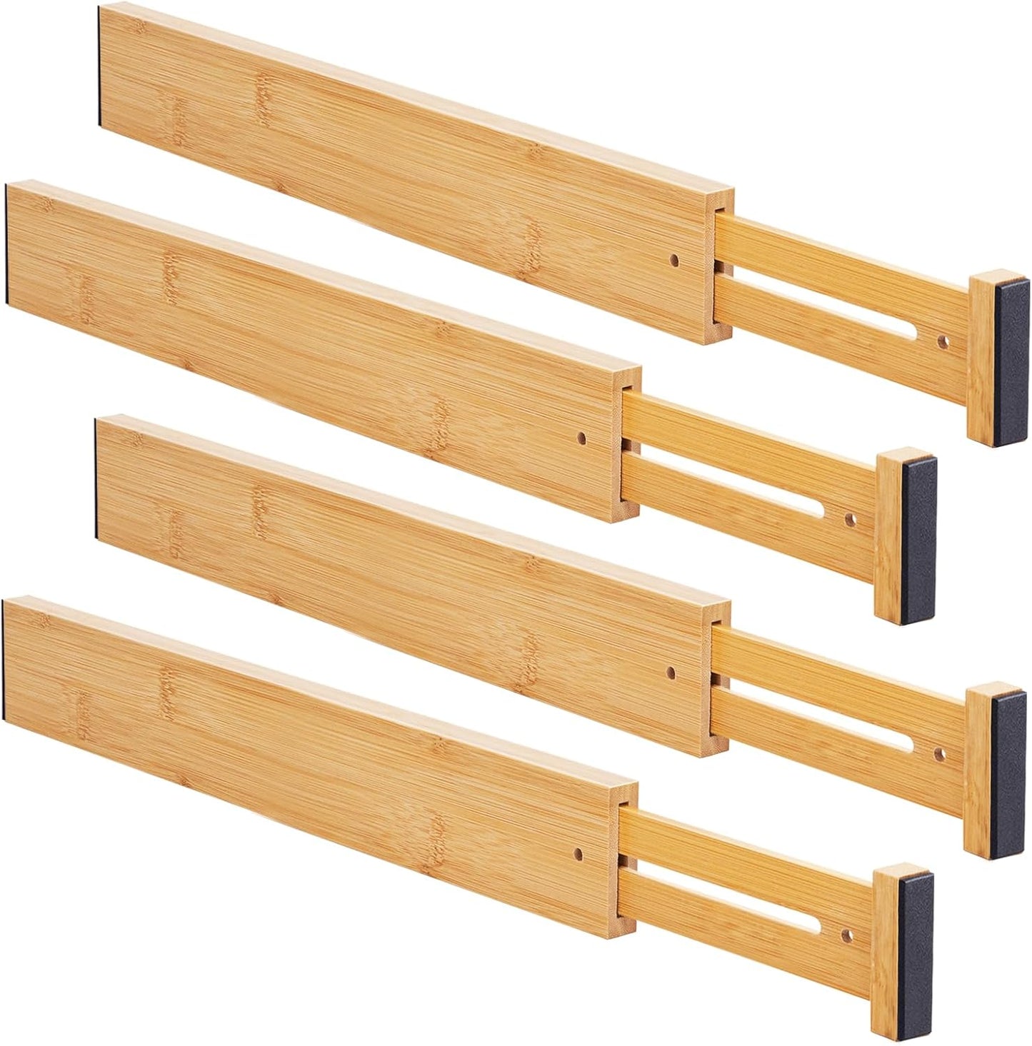 Bamboo Drawer Organizers 4 Pack, 17-22" Adjustable Spring Loaded Dividers for Kitchen Utensils, Silverware, Clothes, Dresser, Bathroom and Office Storage