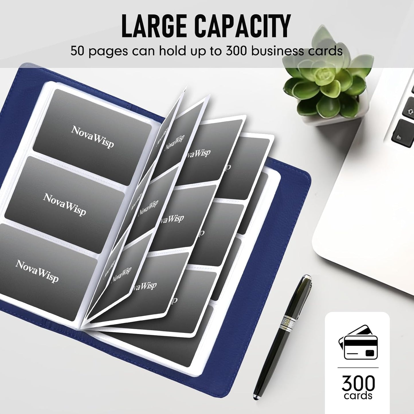 300 Business Cards Holder, 50 Pages Gift Cards Holder, Professional PU Leather Credit Cards Organizer Wallet, Portable Name Card Book Binder Folder, Men Women & Office Supplies, Navy Blue