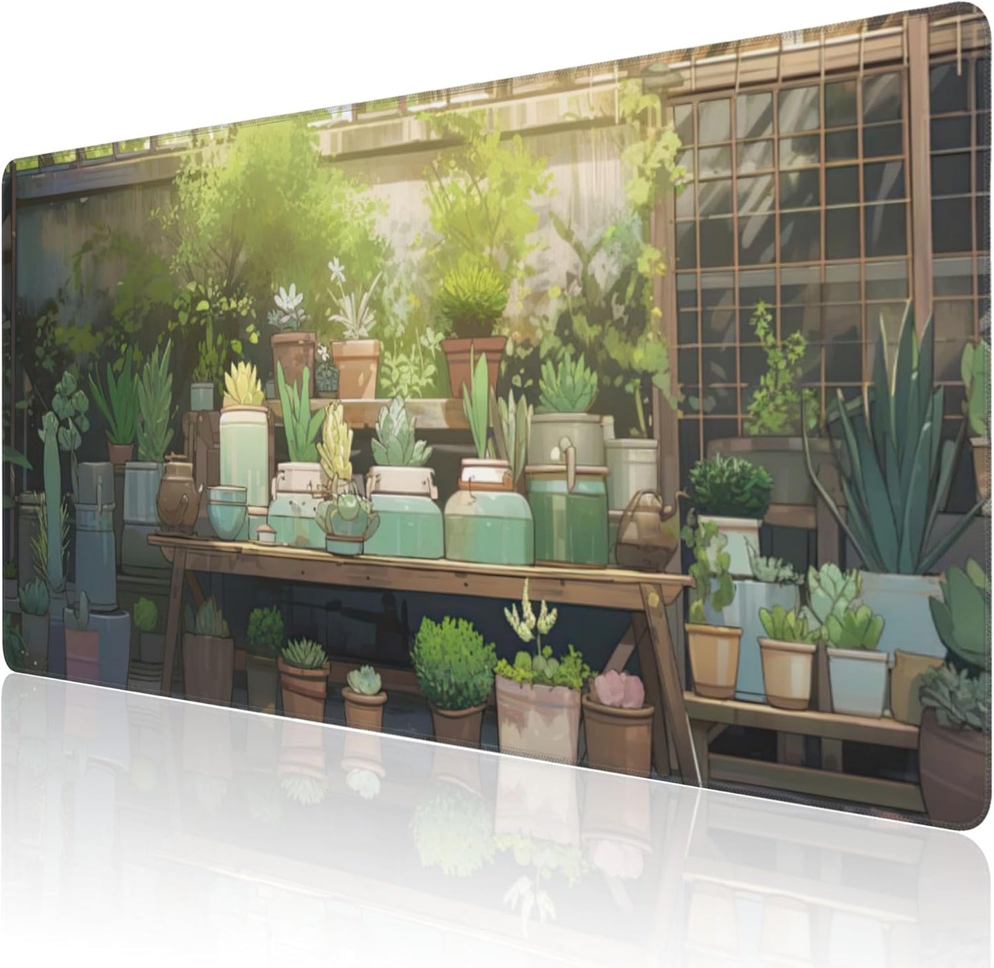 Desk Mat, Cute Lofi Green Extended Large Gaming Mouse Pad for Desk XXL, Non-Slip Rubber Base Stitched Edges Waterproof Long Computer Keyboard Desk Pad Mouse Mat for Home Office Gaming 35.4"X15.7"