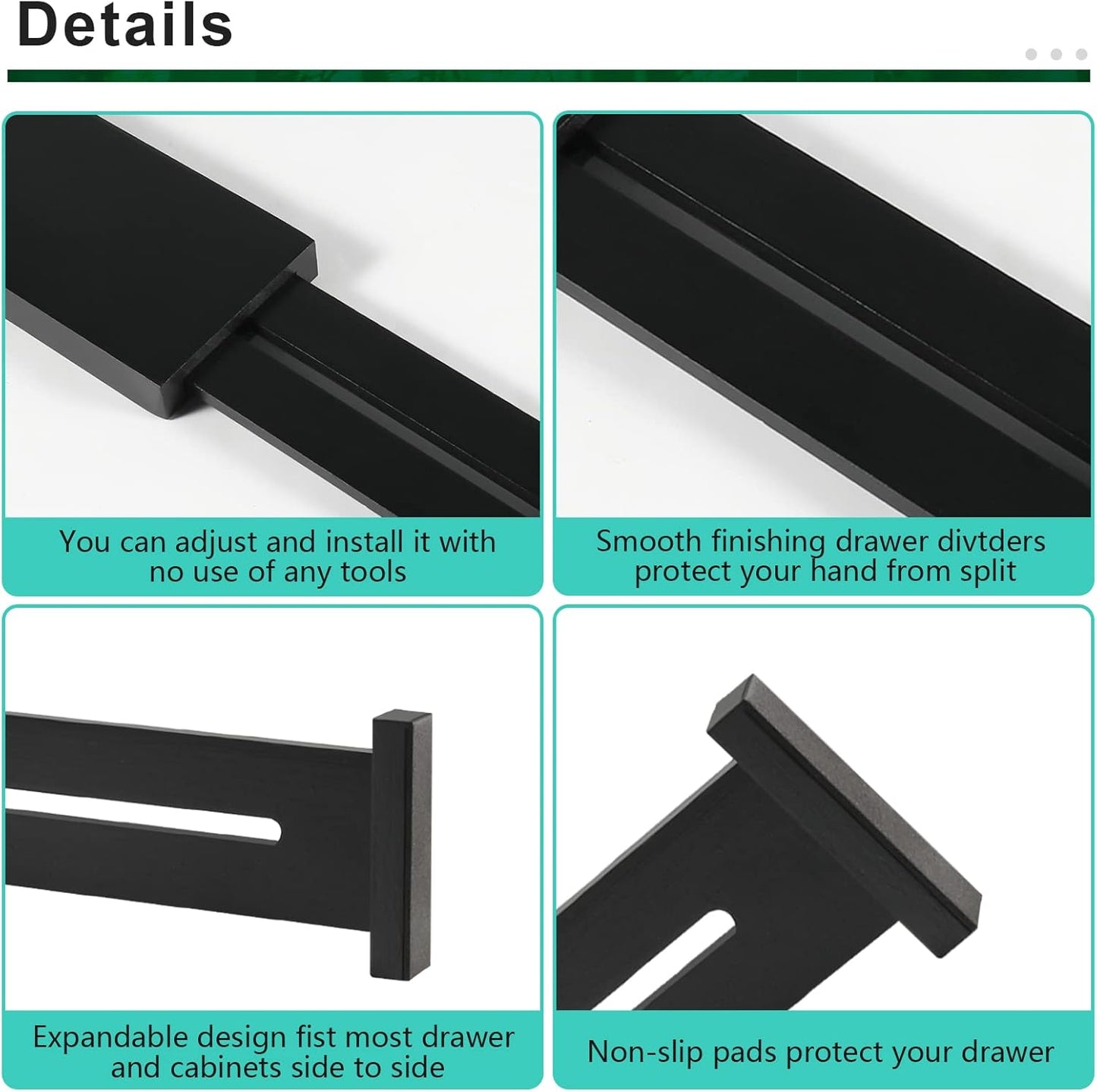 FJO 4 Pack Adjustable Bamboo Drawer Dividers - 12.5" - 21.7" Expandable Drawer Separators for Kitchen, Utensils, Clothes, Bedroom, Dresser, Bathroom (Black)