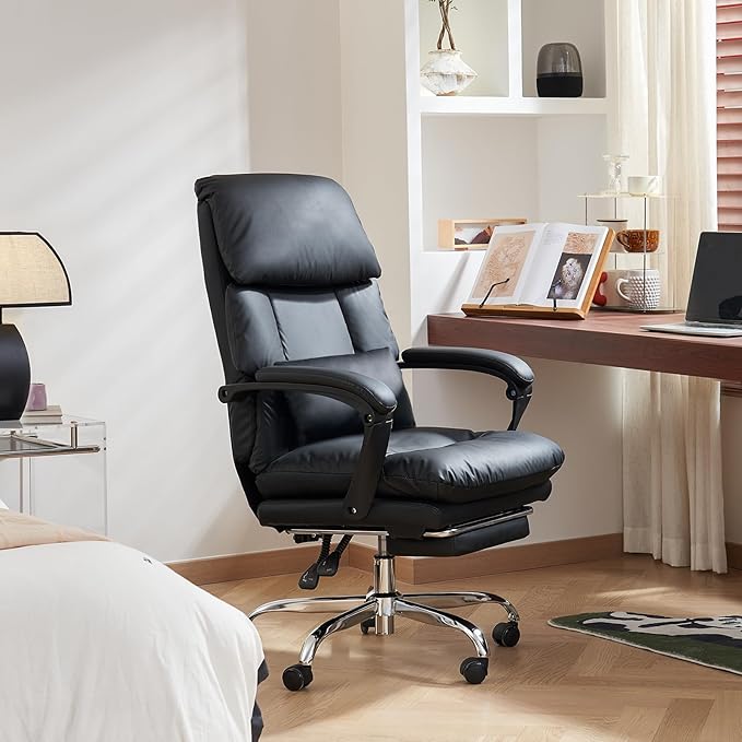 EMIAH Real Leather Office Chair with Foot Rest, Reclining Ergonomic Executive Office Chair with Arms, High Back Comfy Swivel Computer Desk Chairs with Wheels and Lumbar Support for Home Office, Black