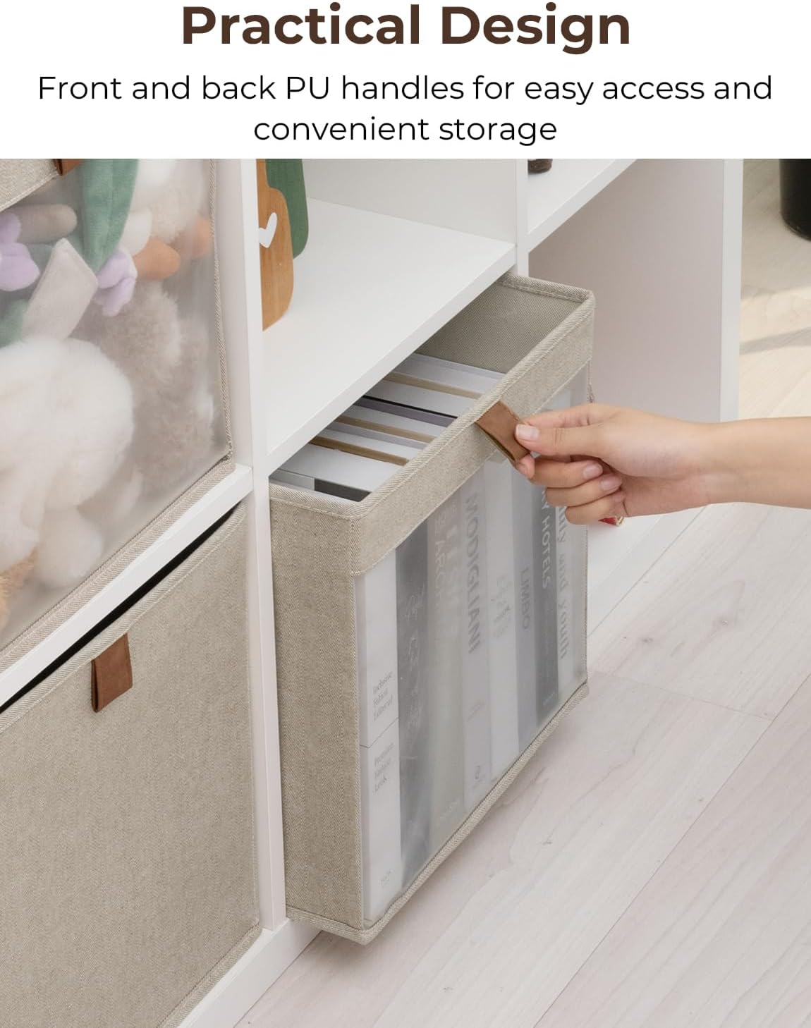 StorageWorks 13x13 Storage Cubes, Closet Storage Bins with Clear Window, Large Fabric Organizer for Clothes, Collapsible Storage Baskets with PU Handles, Brown and Beige, 3-Pack