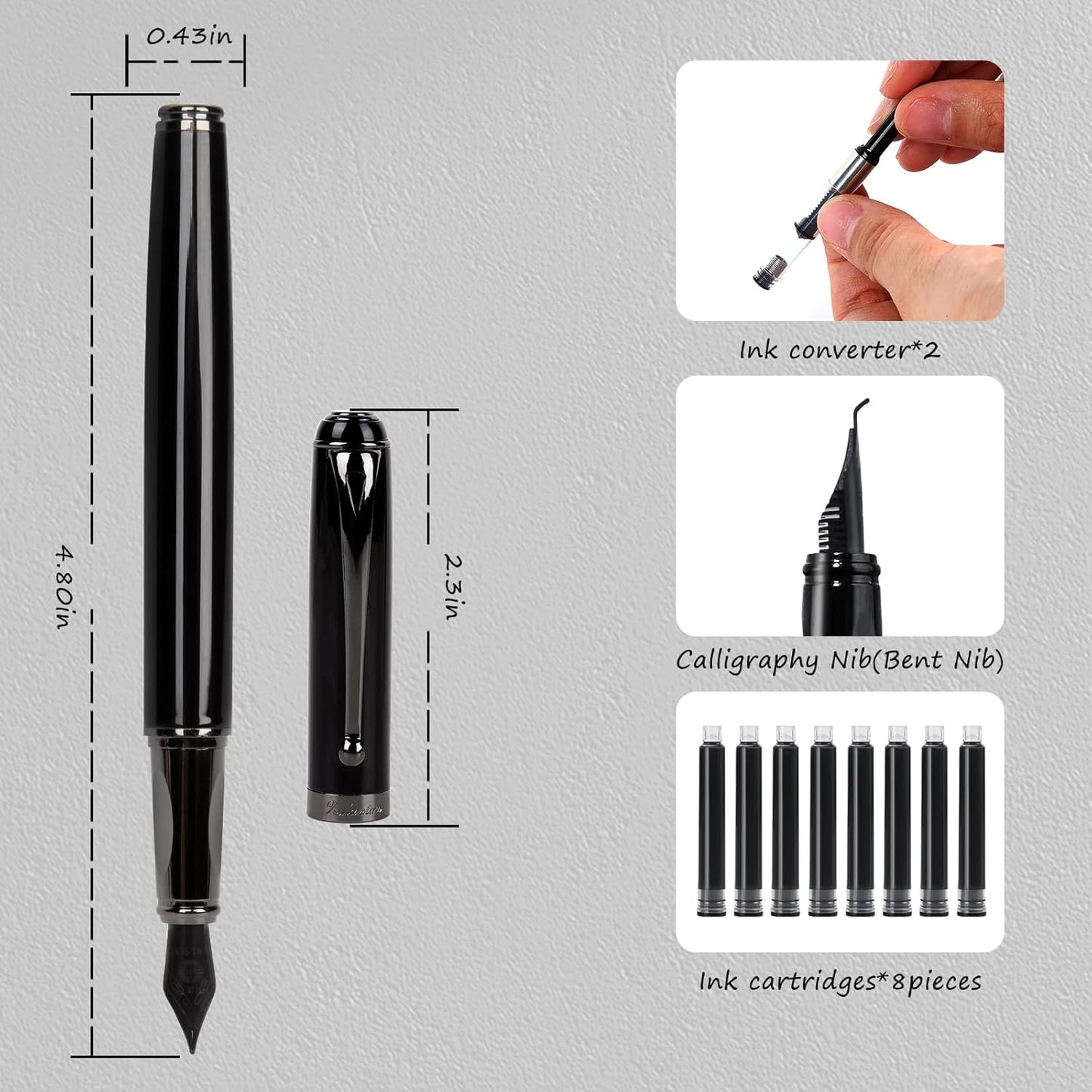 Fountain Pen-Smooth Writing Metal Water Pen with Gift Case Fine Nib Consistent Ink Flow Luxury Pen for Nice Pens Includes a Calligraphy Nib 8 Cartridges a Ink Refill Converter(Grey)