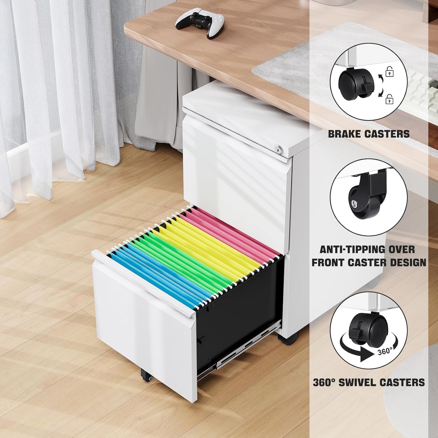 Mobile File Cabinet with Lock Steel Small Rolling 2 Drawer File Cabinet Legal/Letter/A4 Size Under Desk Metal Filing Cabinet for Home Office Vertical Filing Cabinet Printer Stand Assembly Required