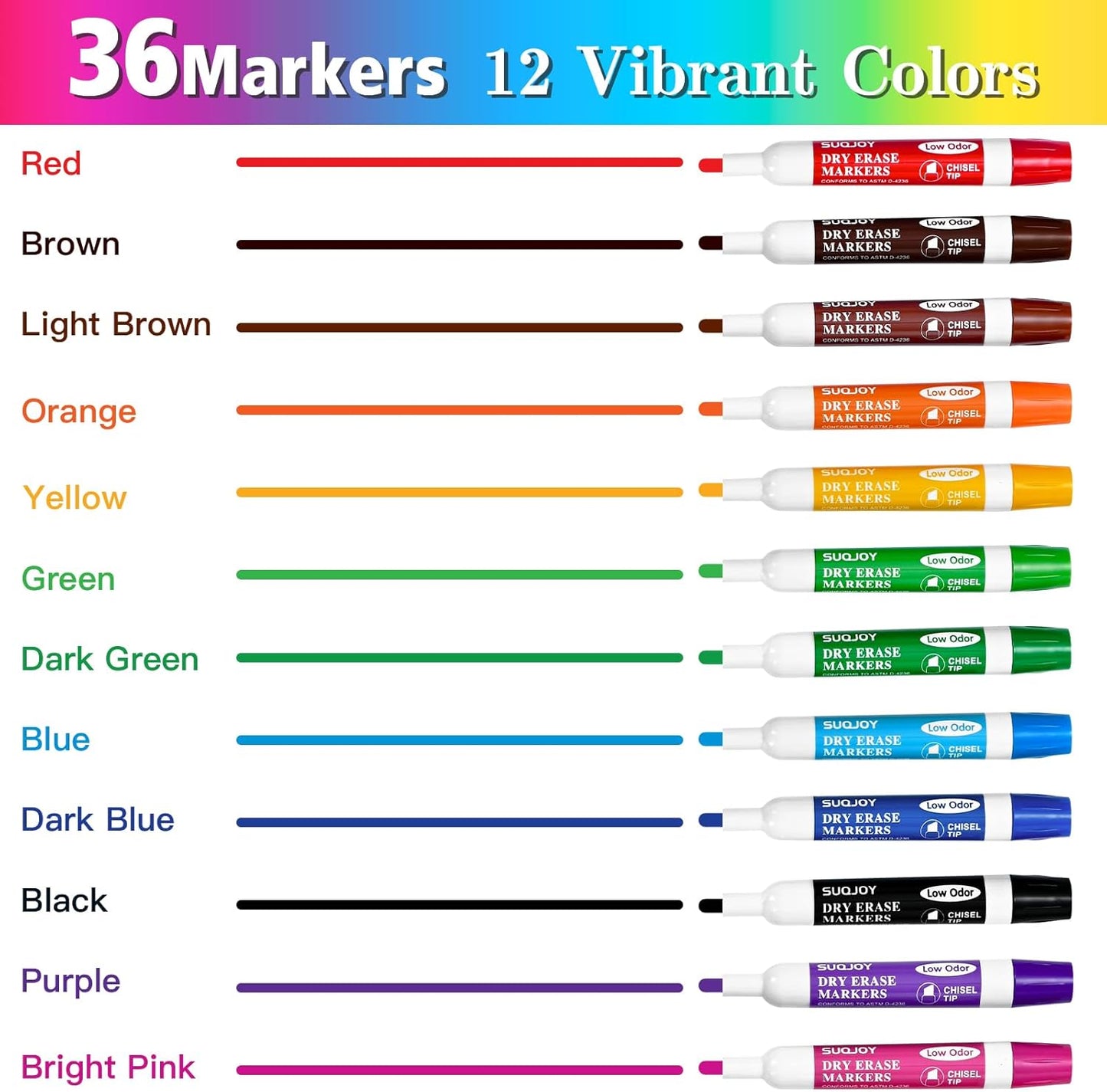 Dry Erase Markers, Bulletl Tip Whiteboard Markers, Low Odor Thick Dry Markers, 36 Bulk 12 Assorted Color Marker for Whiteboard, Classroom, Office & Home (36 Count 12 Colors)