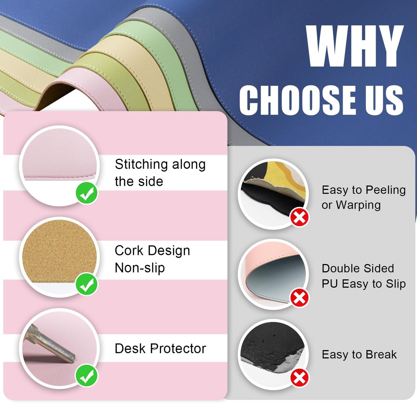 BLESWIN Large Desk Pad Mat 47.2"" x 17"", Office Desk Mat, Non-Slip PU Leather & Cork Desk Blotter for Keyboard and Mouse, Large Desk Mat, Large Mouse Pad for Office & Home(Pink)